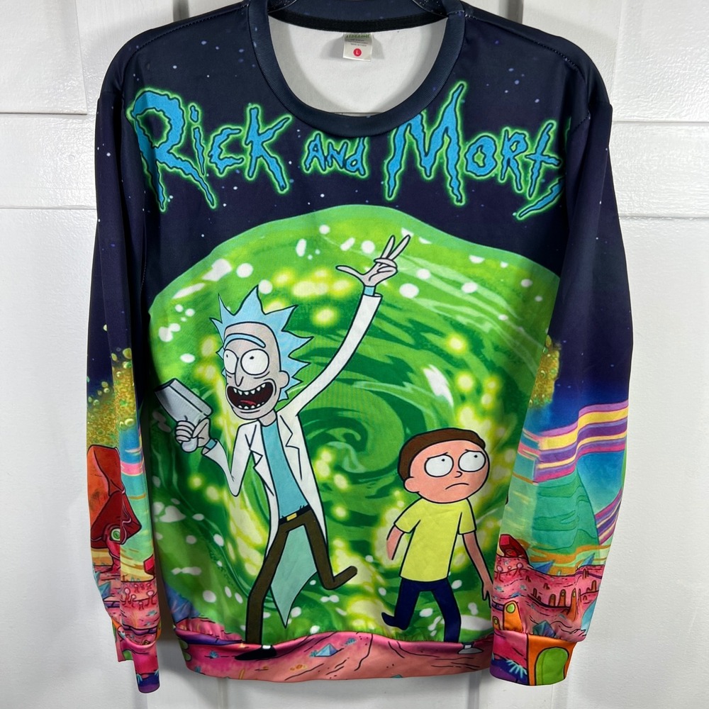 Aideaone Rick and Morty All Over Print Sweatshirt Mens Large Green Portal Cosmic